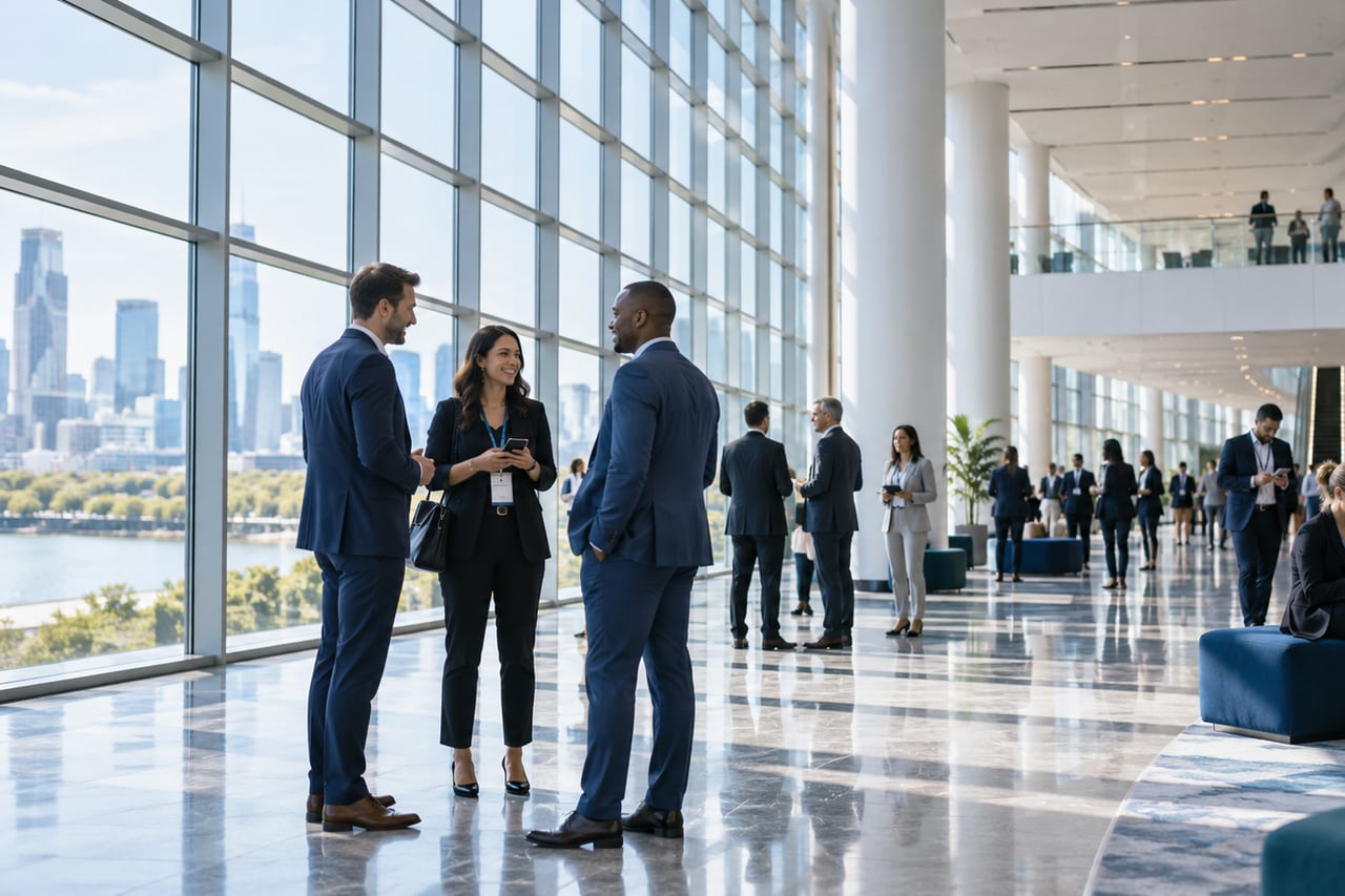 Business attendees in a spacious conference concourse.