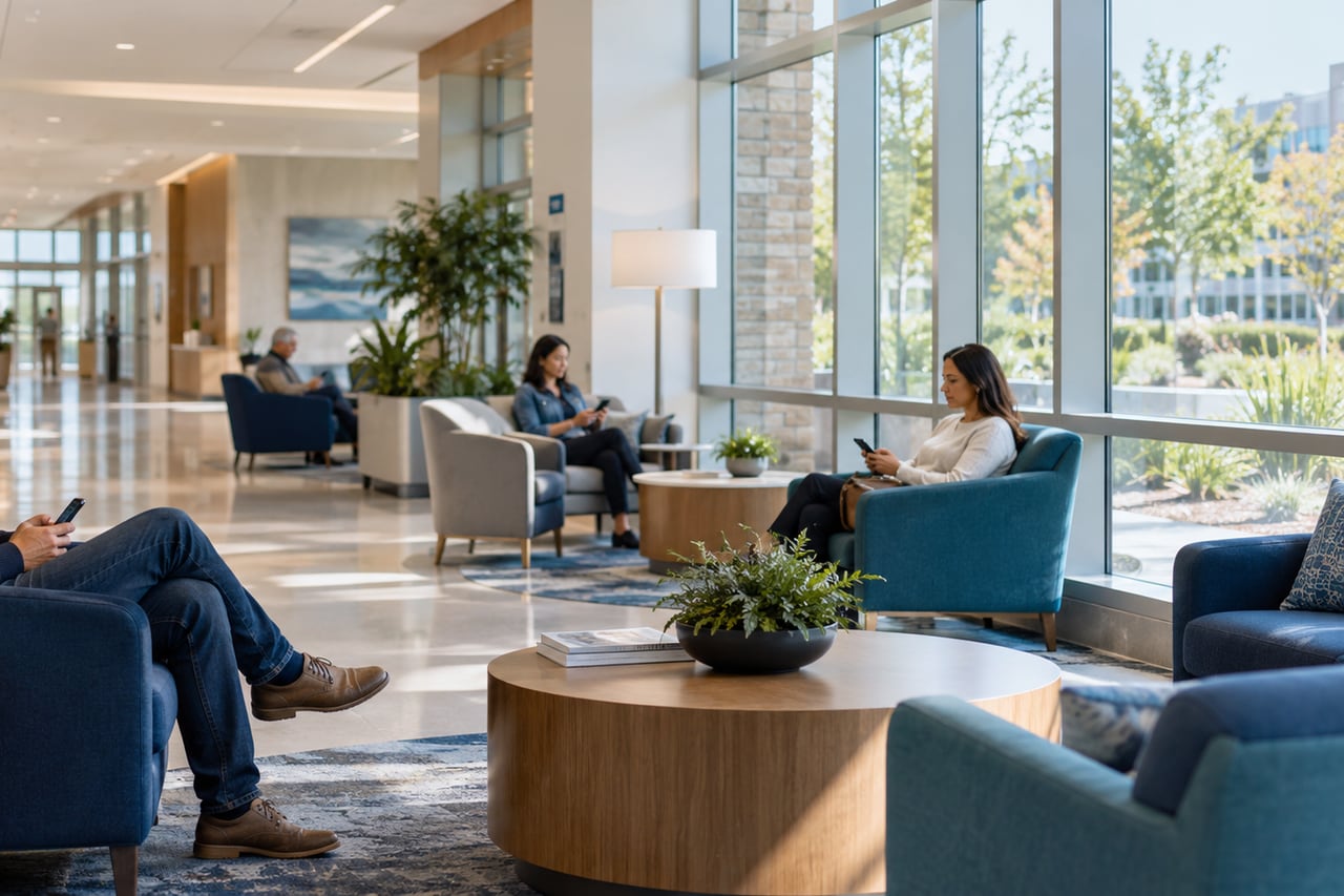 A bright public visitor lounge in a healthcare facility.