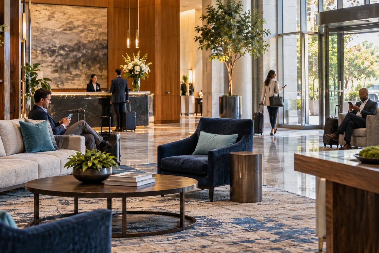An inviting hotel lobby with lounge seating and travelers.
